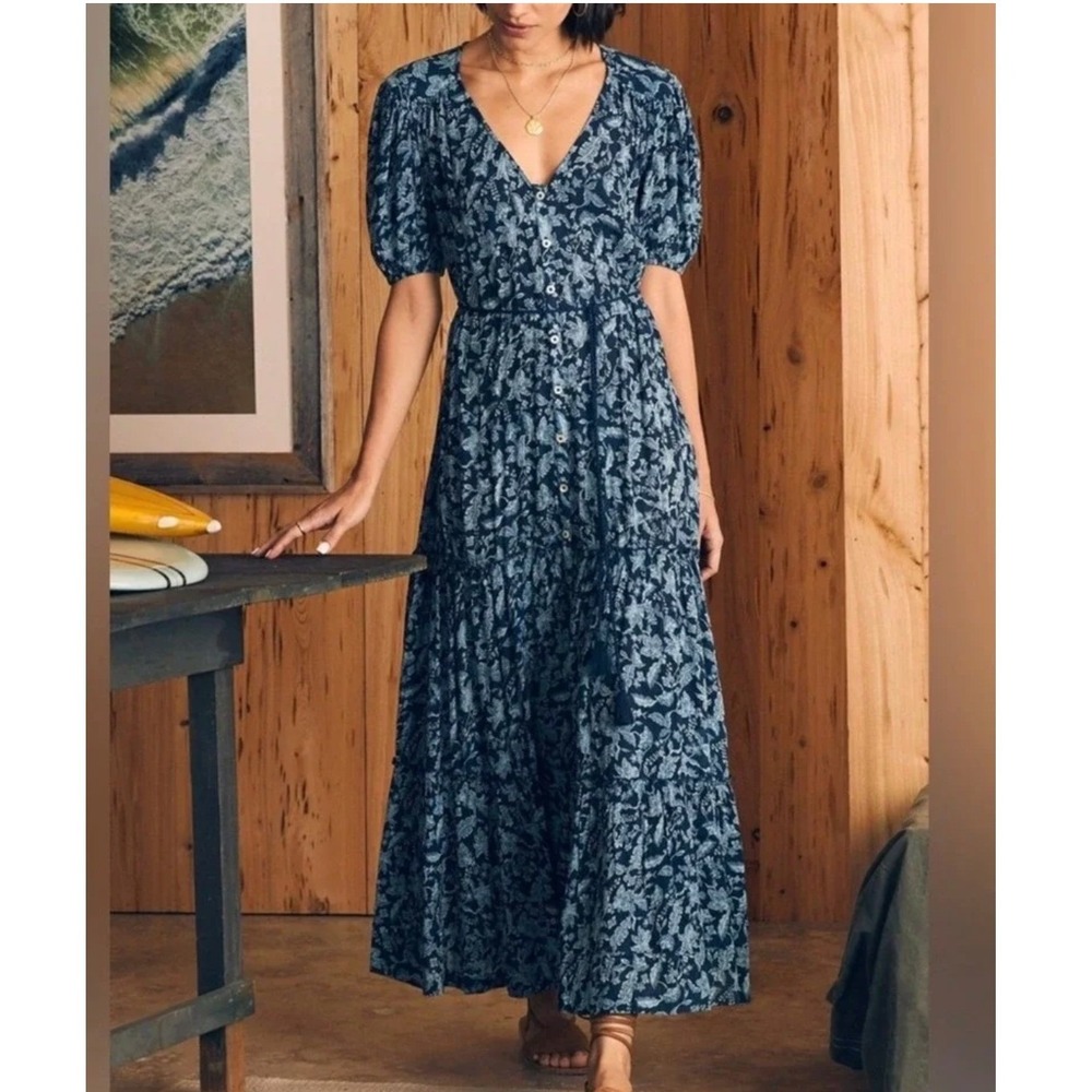 Faherty Orinda Maxi Dress XXS Blue Esna Flora Boho Tiered Button Front Casual